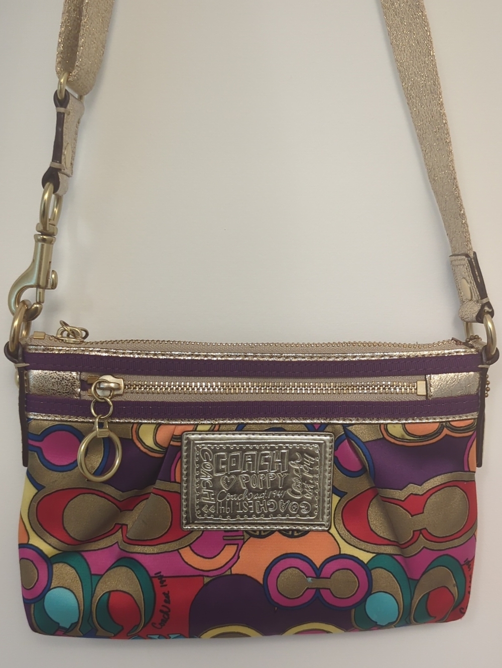 Coach Multicolor Purple & Gold Printed Crossbody Bag
